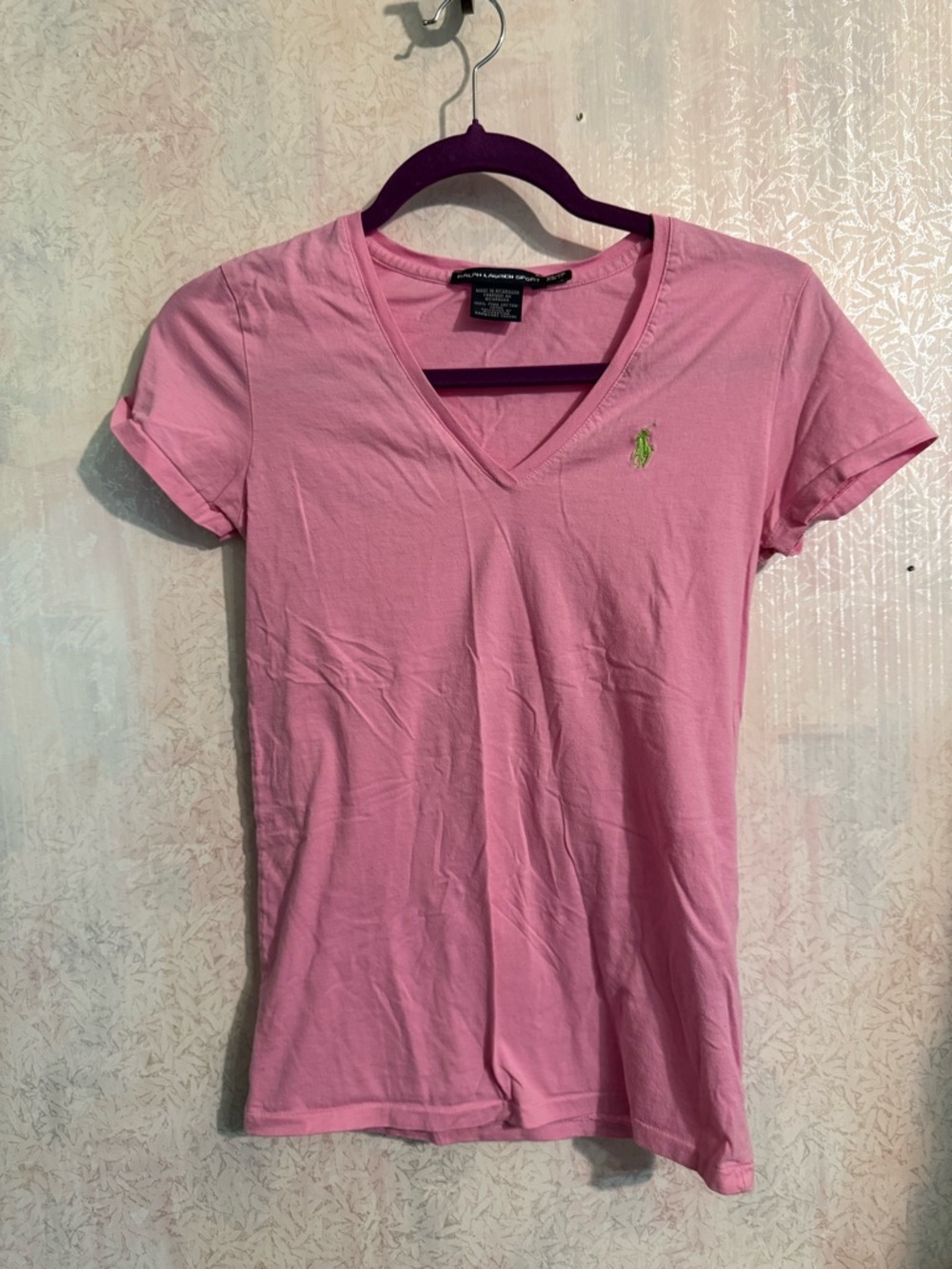Ralph Lauren Sport Pink‎ V-Neck Short Sleeve Tee with Green Pony, Pima Cotton XS